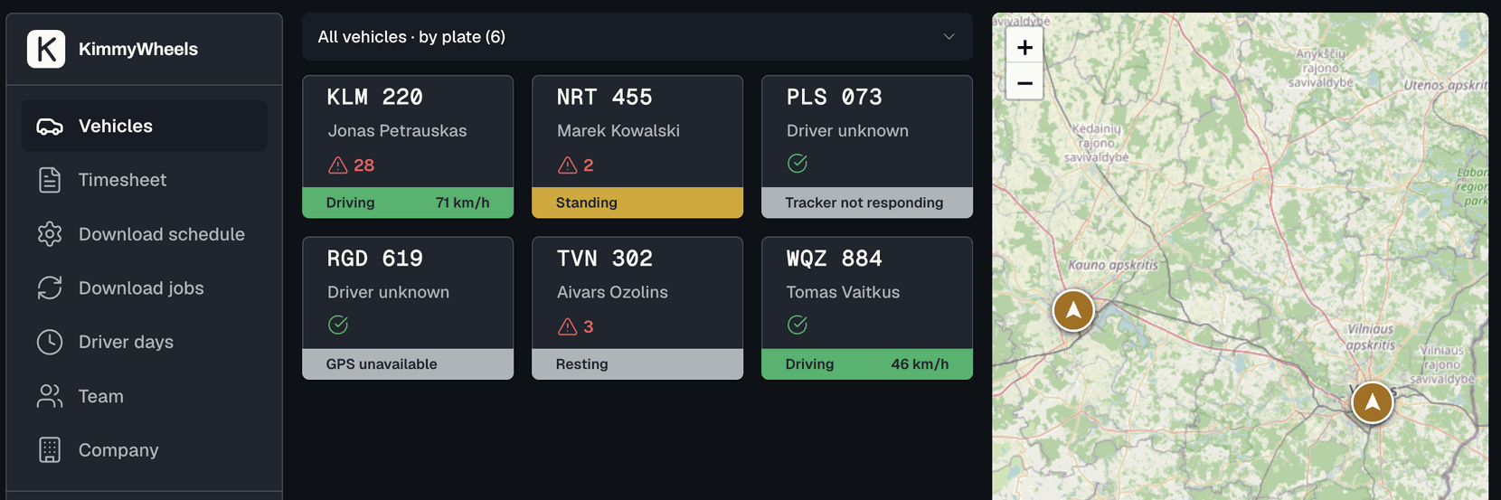 Kimmy Wheels dashboard showing the fleet overview, vehicle health and live vehicle locations